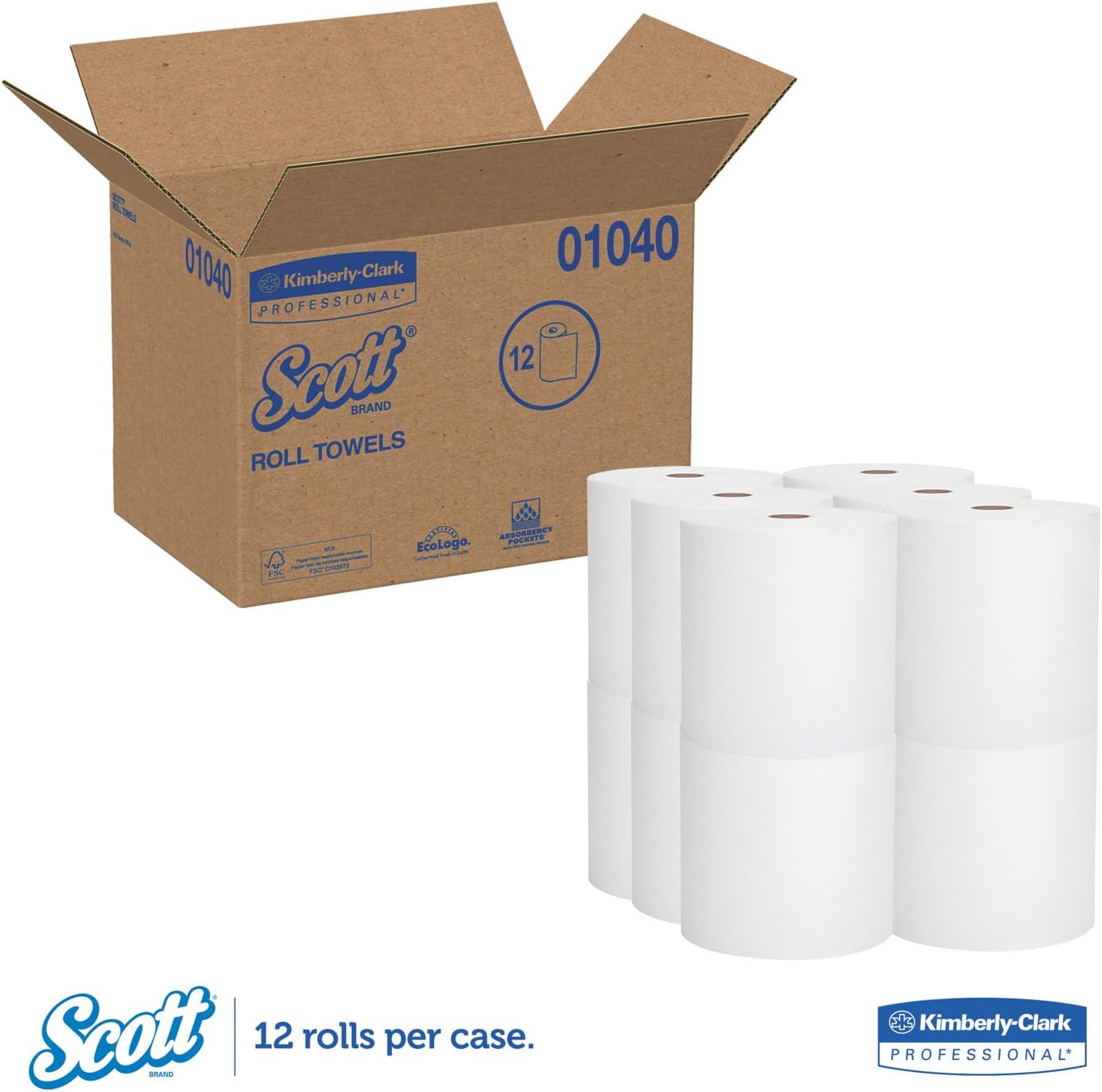 Scott 01040 – Toallas de rollo rígido, núcleo de 1.5 pulgadas, 8 x 800 pies, color blanco, 12 rolloscaja