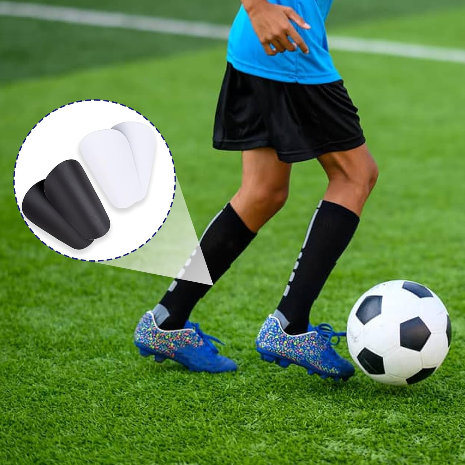 FWUNYVN Espinilleras de fútbol para jóvenes y adultos, pequeños equipos de protección para todas las edades, para llevar con calcetines de agarre y
