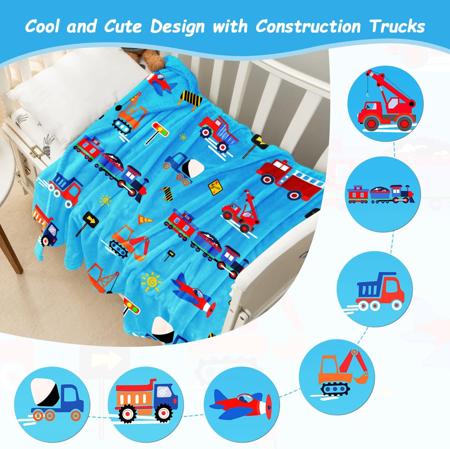 OHDS Manta de construcción para niños, manta de forro polar de 50 x 60 pulgadas para niños y niñas, manta de edredón estampada con aviones,