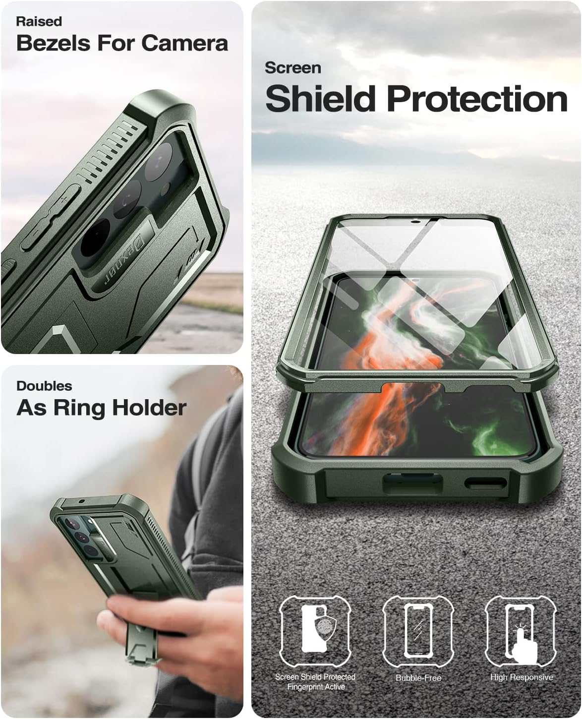 Dexnor Funda para Samsung Galaxy S22, protector de pantalla y soporte integrados Protección de grado militar resistente a prueba de golpes para