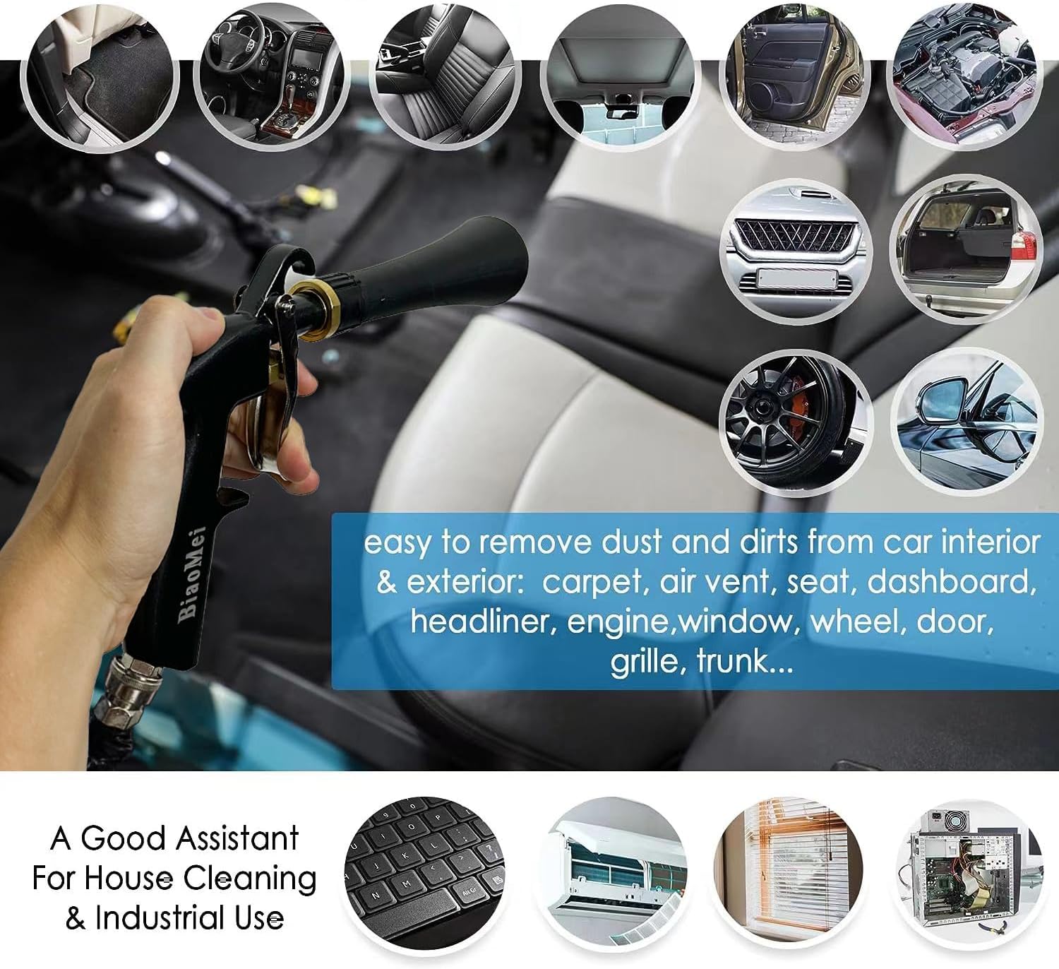 BIAOMEI Pistola de limpieza interior de coche de alta presión para detalles, limpieza de automóviles, pistola de lavado en seco con cepillo (nuevo