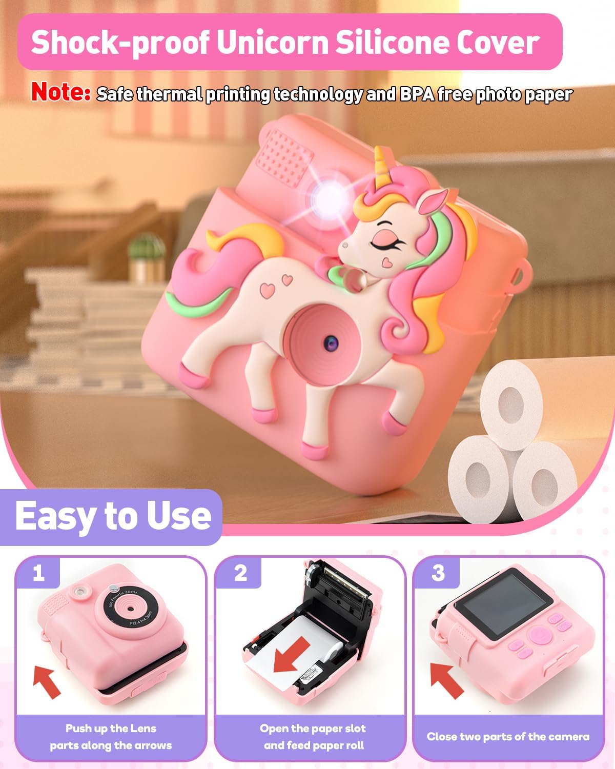 Impresión instantánea con cubierta de silicona, regalos creativos para niñas de 4 a 12 años, cumpleaños, Navidad, juguete de cámara digital 1080P