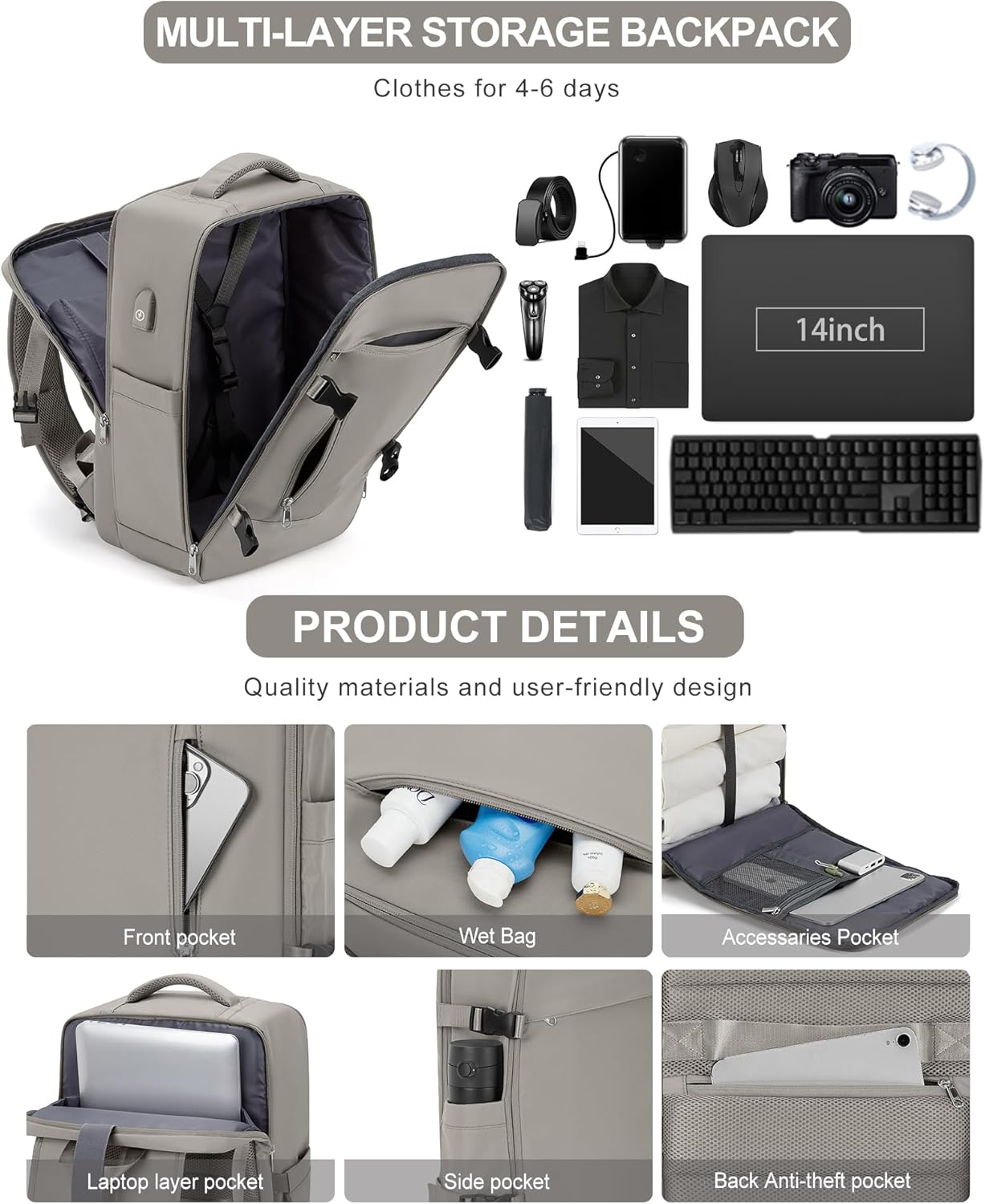 VGCUB Mochila de transporte, mochila de viaje grande para mujeres y hombres, aprobada por aerolíneas, mochila de gimnasio, mochila impermeable para