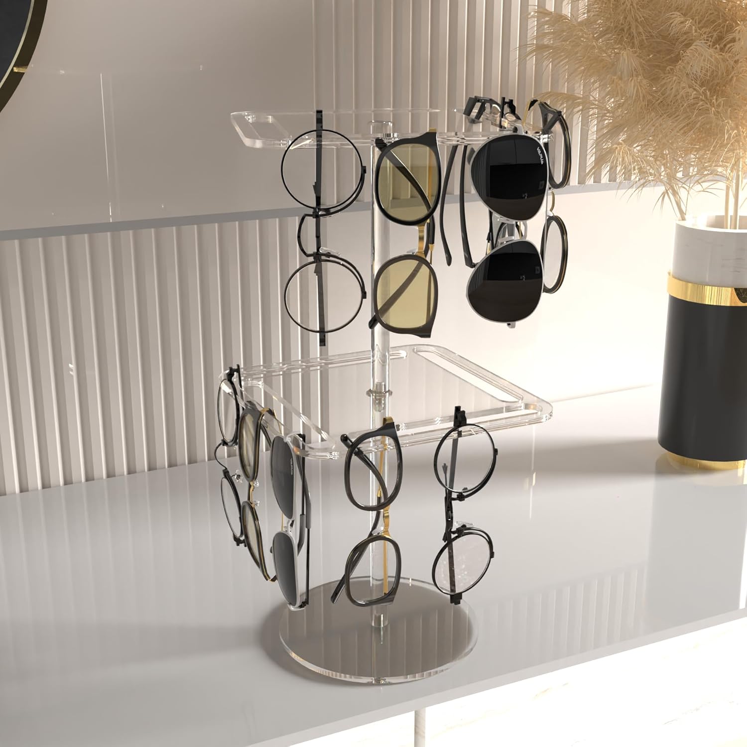 Estante de exhibición de gafas de sol y lentes de acrílico giratorio de 360 – Organizador de mesa transparente de doble nivel para gafas