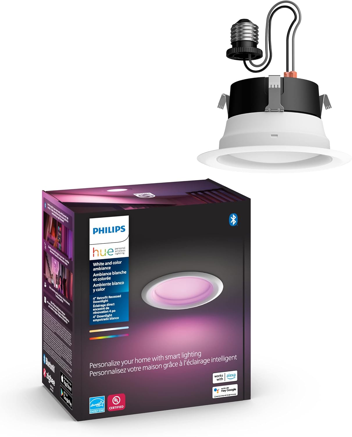 Philips Hue White and Color Ambiance – Focos empotrables inteligentes LED regulables extra brillantes (paquete de 4) y (1 unidad) compatibles con