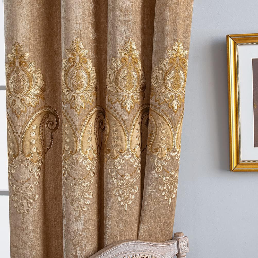 ELKCA Juego de cortinas europeas de felpilla con patrón bordado para sala de estar, con ojales en la parte superior (52 pulgadas de ancho x 84