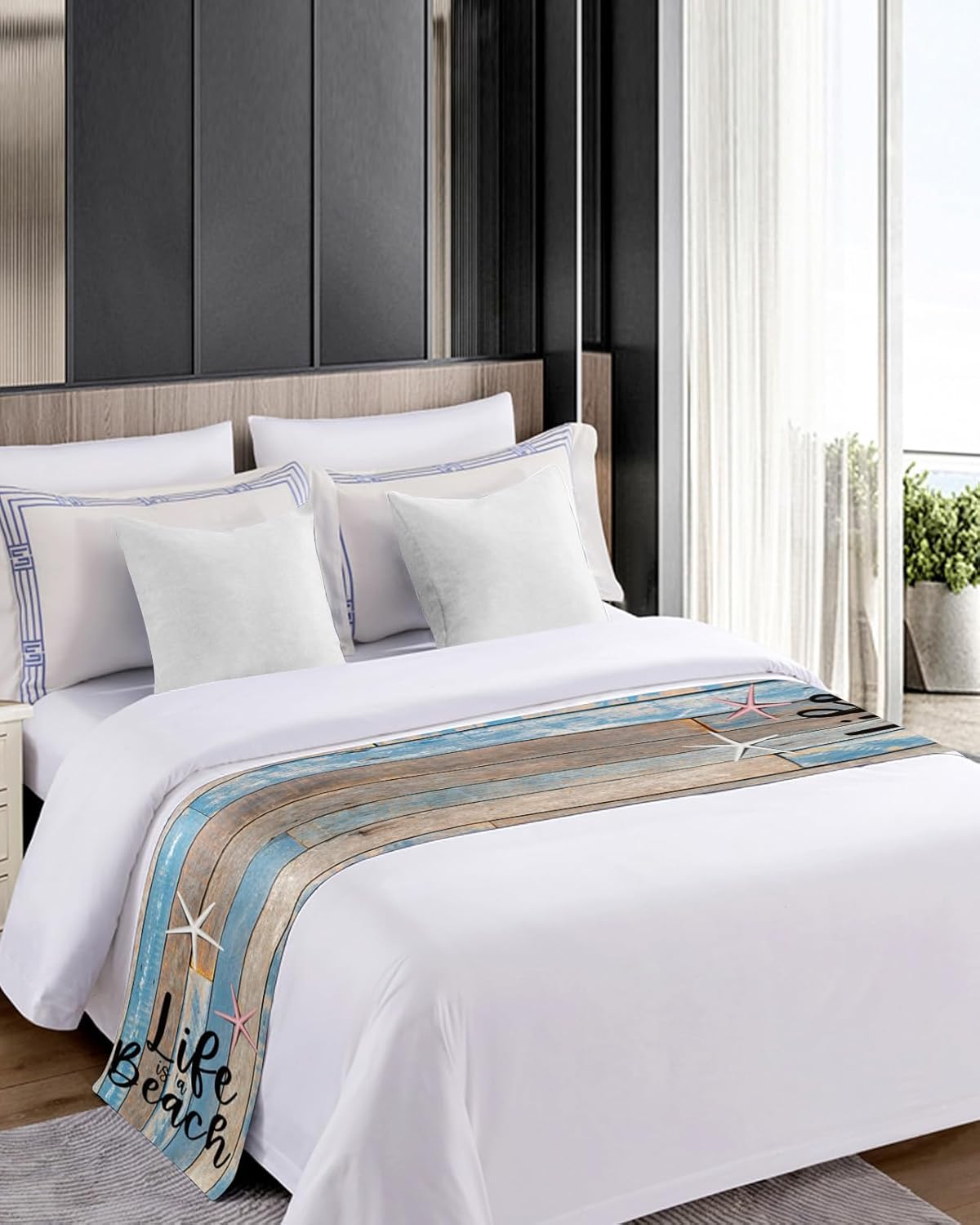 Bed Runner Scarf Wooden Board Quotes – Life is Better at the Beach Bedding Scarf Decorative Bed Runners Cover for Home Bedroom Hotel Wedding Room