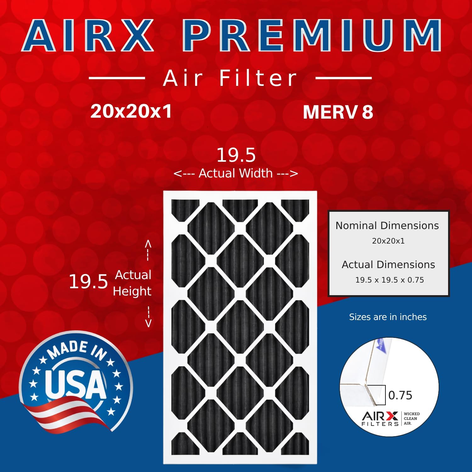 AIRX FILTERS WICKED CLEAN AIR. Filtro de aire 20x20x1 Eliminador de olores Filtro de carbono MERV 8 AC HVAC Filtros de horno Paquete de 6