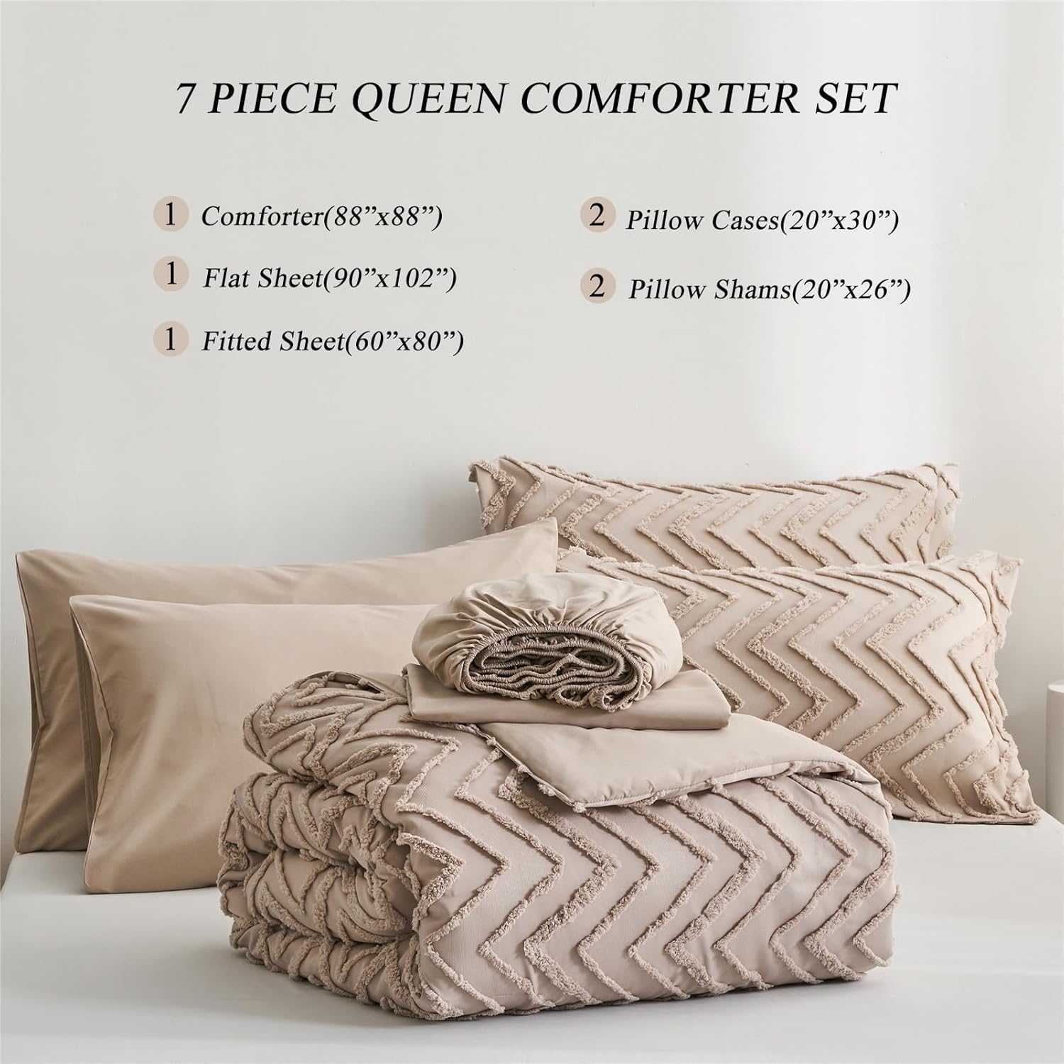 KAKKI Juego de edredón y sábanas de 7 piezas tamaño Queen con diseño de cheurón caqui, estilo bohemio, desgastado y elegante, de microfibra suave,