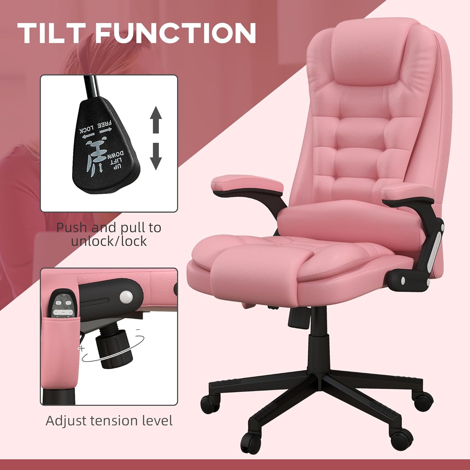 HOMCOM Silla de oficina de masaje con vibración de respaldo alto con 6 puntos de vibración, silla de computadora reclinable con calefacción de piel