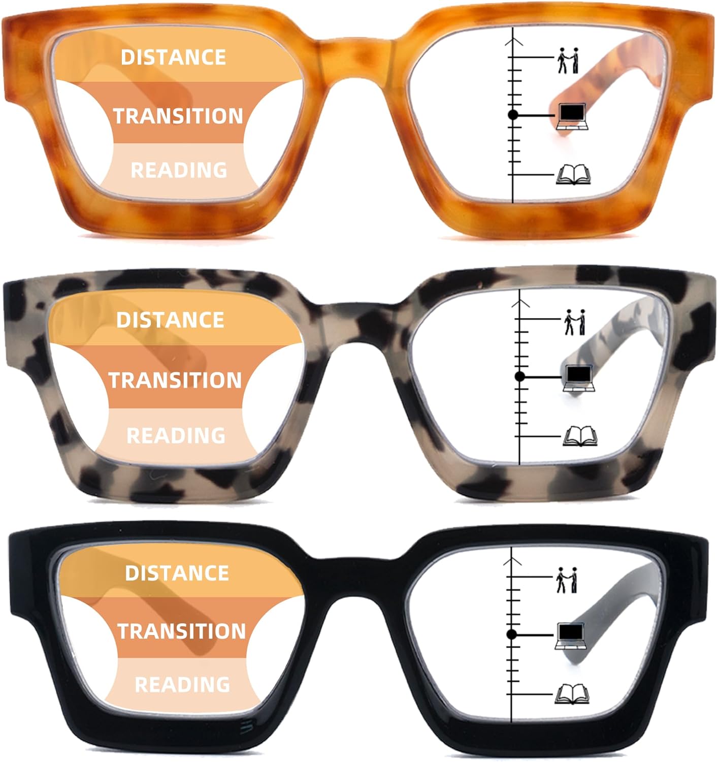 LOVIVY Paquete de 3 lentes de lectura multifocales progresivos para mujeres y hombres, de gran tamaño, retro, cuadrados, multienfoque, lectores