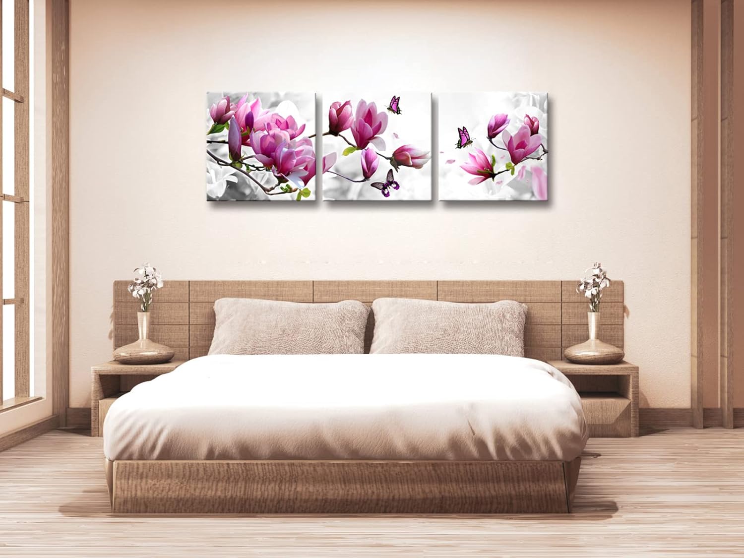 Wieco Art Mariposa en lienzo de magnolia, arte de pared, 3 piezas, flores moradas, pinturas para sala de estar, dormitorio, decoración del hogar,
