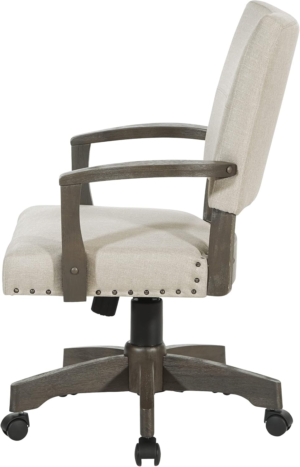 OSP Home Furnishings Santina – Silla de escritorio acolchada con costuras francesas a medida y ribete de cabeza de clavo, brazos de madera maciza y