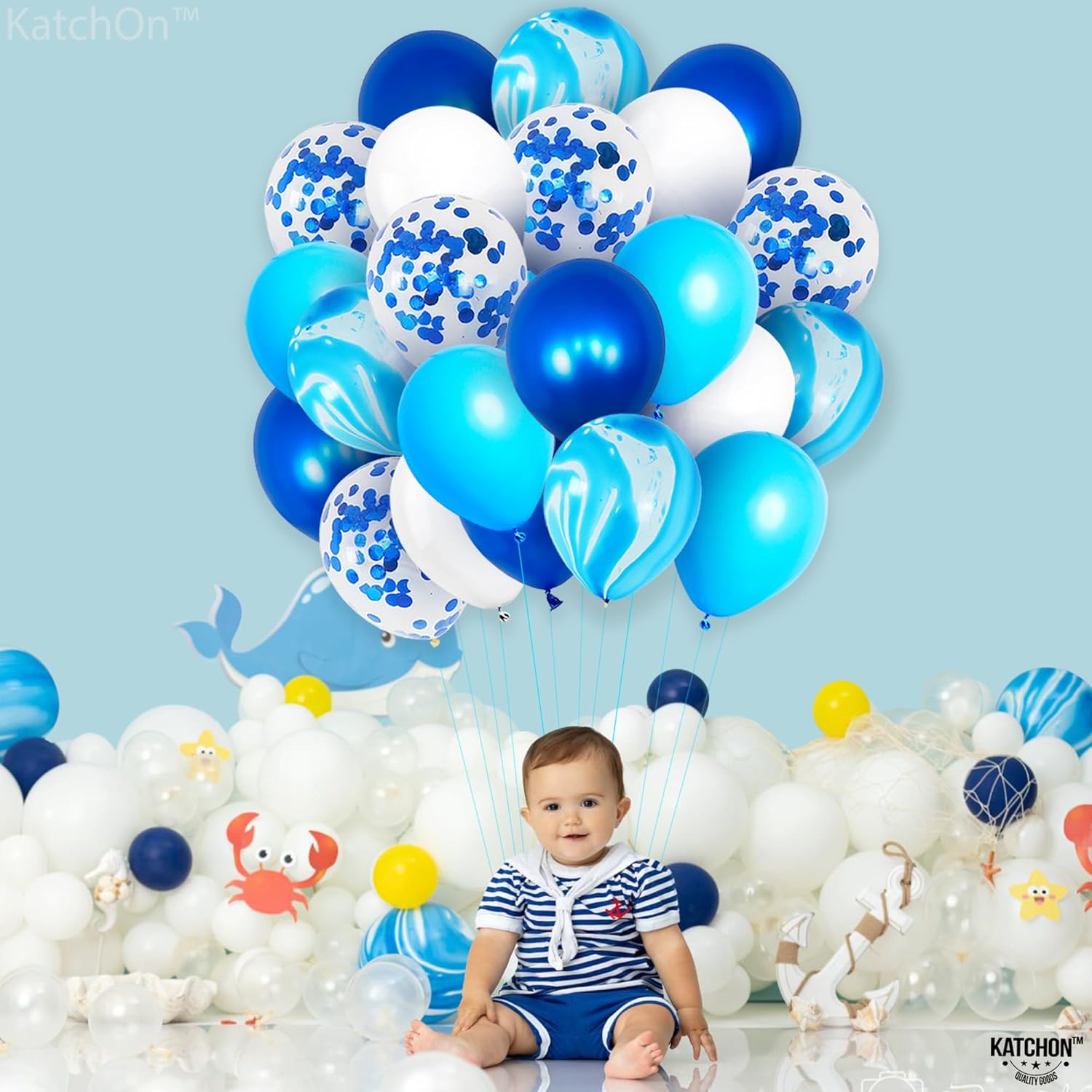 KatchOn, Shades of Blue – Juego de 50 globos de mármol azul para decoraciones de fiesta azul, globos de confeti azul, globos bajo el mar, globos de