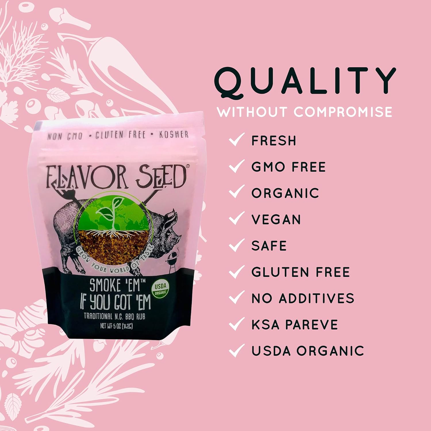 Flavor Seed Smoke ‘Em If You Got ‘Em Organic Carolina BBQ Rub. Dulce y picante. Para carne de res, pollo y cerdo. Condimentos y especias sin gluten