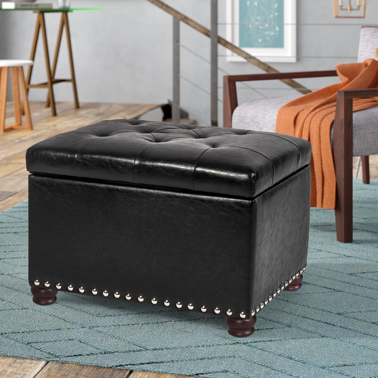 Joveco Otomana rectangular de almacenamiento, banco de almacenamiento de piel sintética con tapa elevable, mesa auxiliar, reposapiés para sala de