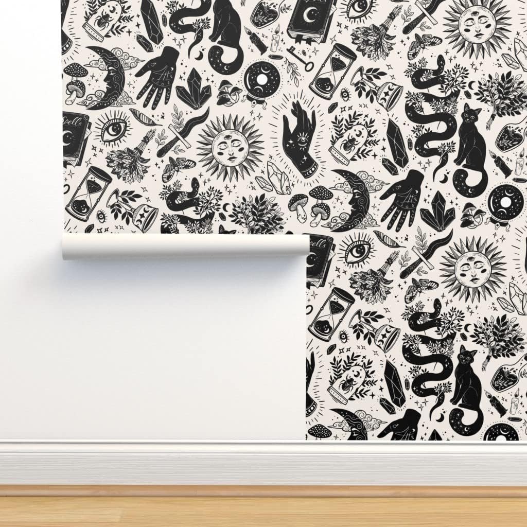 Spoonflower Papel tapiz para despegar y pegar, color negro, blanco, gótico, gótico, mágico, de Halloween, bruja, monocromático, extraíble,