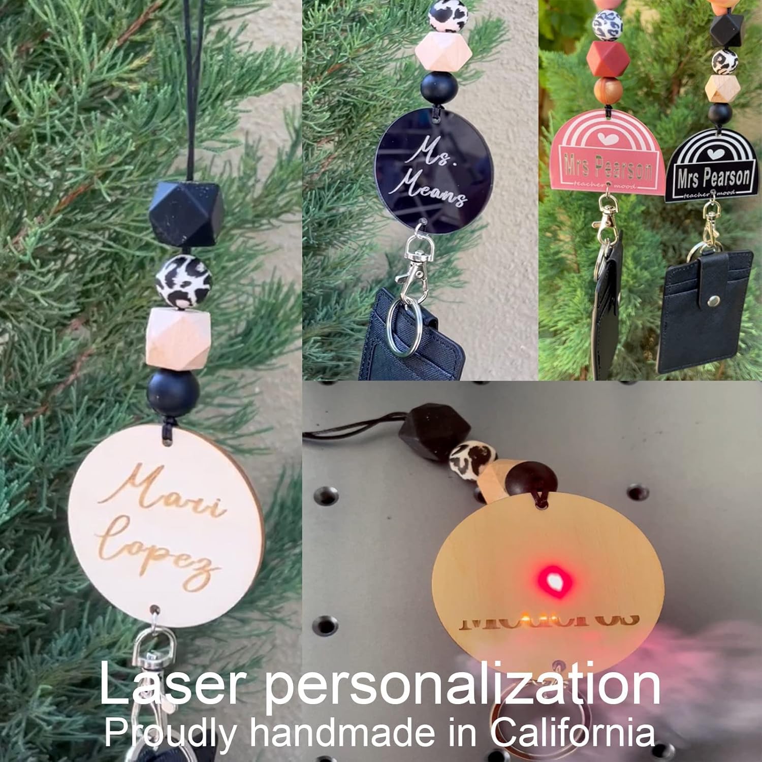 ABAMERICA Personalized Teacher Lanyards for Id Badges and Keys, Cute Beaded Lanyards for Women with Keychain and Leather Holder of 3 Card Slots