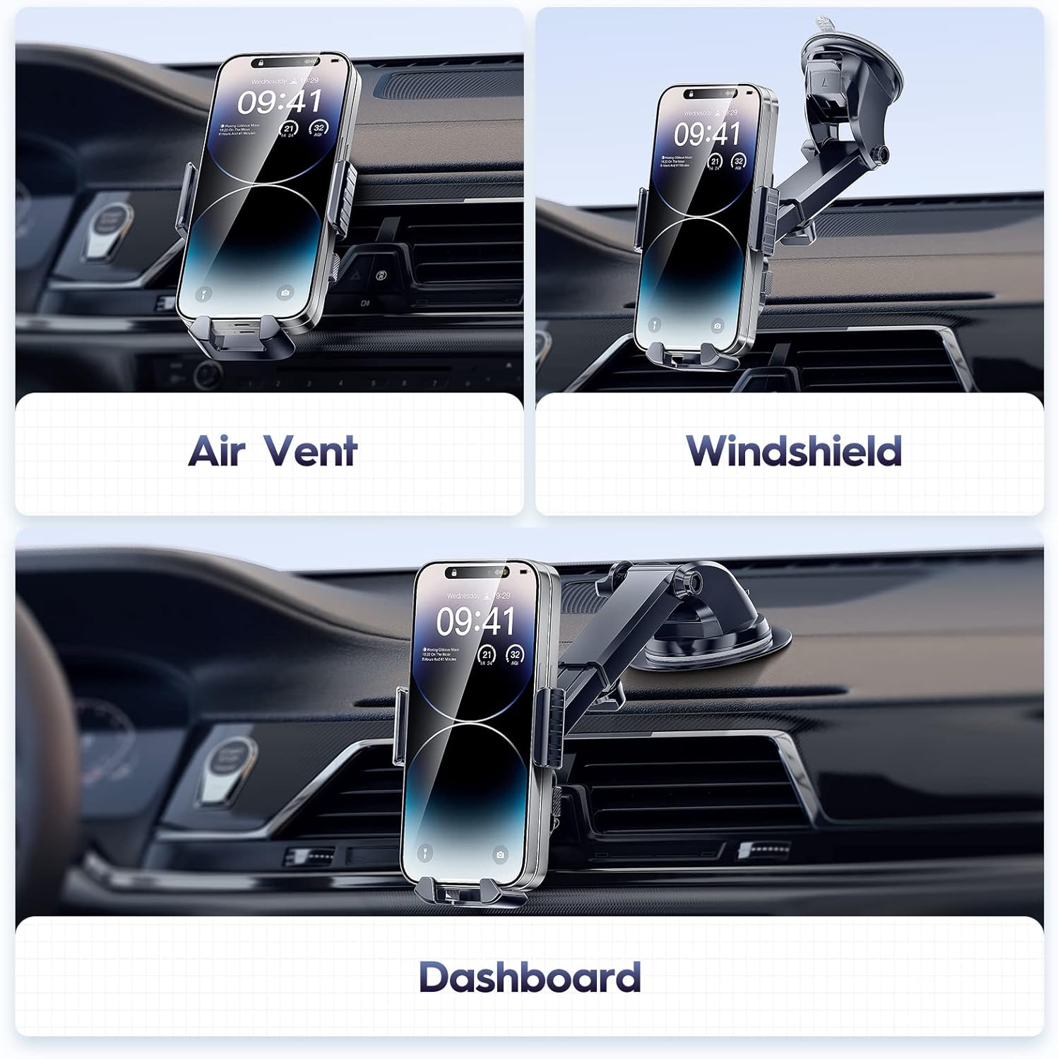 Soporte de teléfono para automóvil – Apto para carreteras con baches Soporte de teléfono para salpicadero del automóvil, ventilación de aire 3 en 1,
