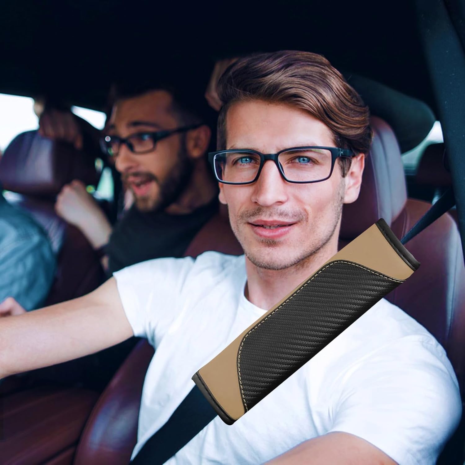 2 almohadillas para cinturón de seguridad, protector de cinturón de seguridad de fibra de carbono, fundas de cuero suave y transpirable, cojín