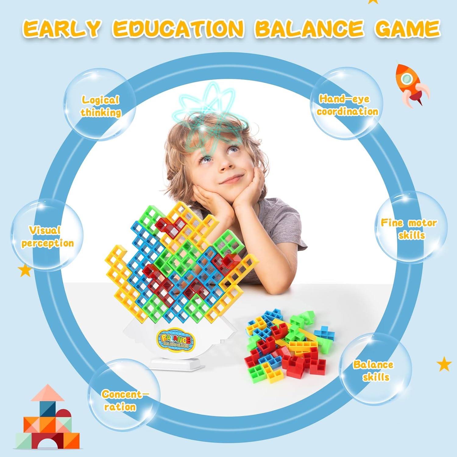 Juego de 48 bloques apilables de equilibrio de TetraTorre, columpio apilable, juguete de construcción de equilibrio para niños, juego de