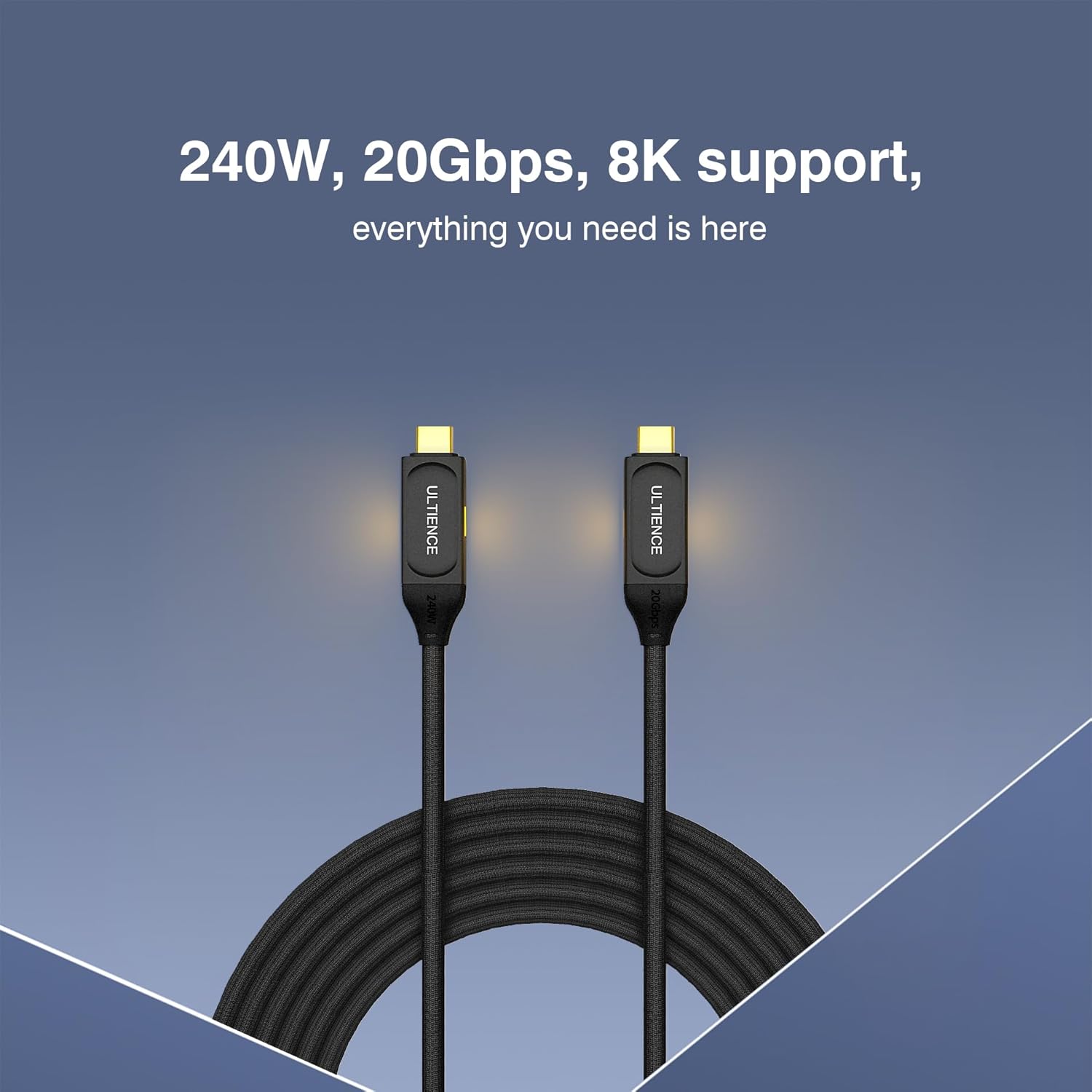 Cable de carga rápida USB C a USB C de 240 W, 4.9 pies, compatible con monitores Thunderbolt 3USB 4PD8K, cable trenzado de transferencia de datos de