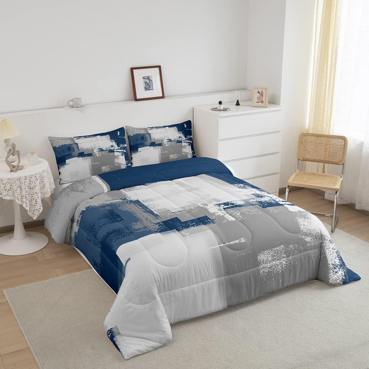 Juego de edredón de acuarela azul marino, tamaño Queen, juego de ropa de cama con grafiti gris y blanco para niños y niñas, relleno de edredón de