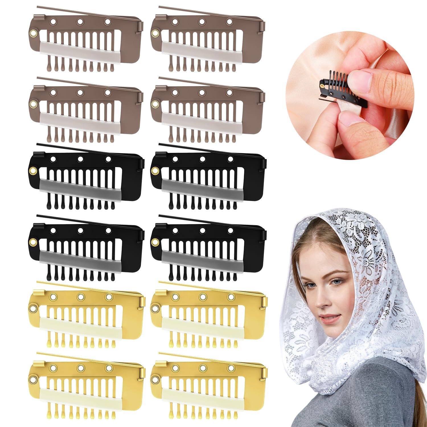 Chunni Dupatta Clips con pasador de seguridad, 10 dientes fuerte Chunni Grip Clip de pelo para extensiones de cabello, Duppatta Hack Hijab Tikka