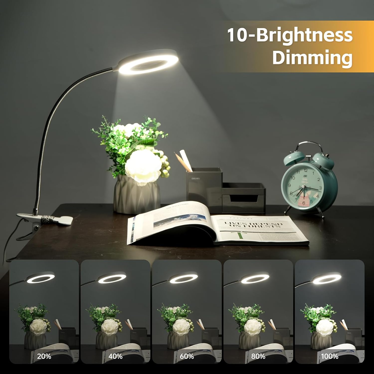 5 lupas con luz, luz de clip de 10 W, lámpara de escritorio de 48 luces LED, 3 modos de luz regulable, lámpara de lupa iluminada con cuello de cisne