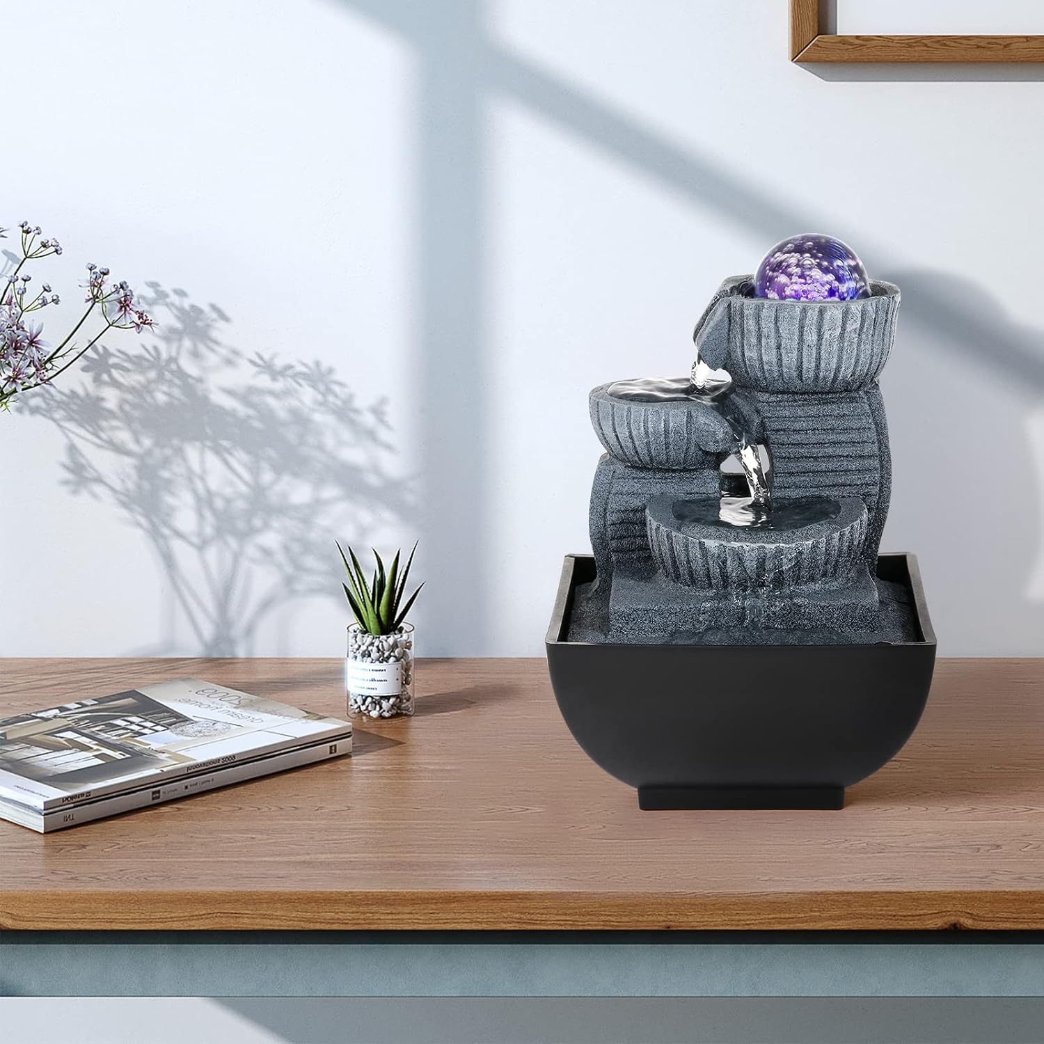Dyna-Living Fuente de agua de mesa para interiores, fuente de agua de relajación Feng Shui, fuente de cascada con luces para decoración del hogar,