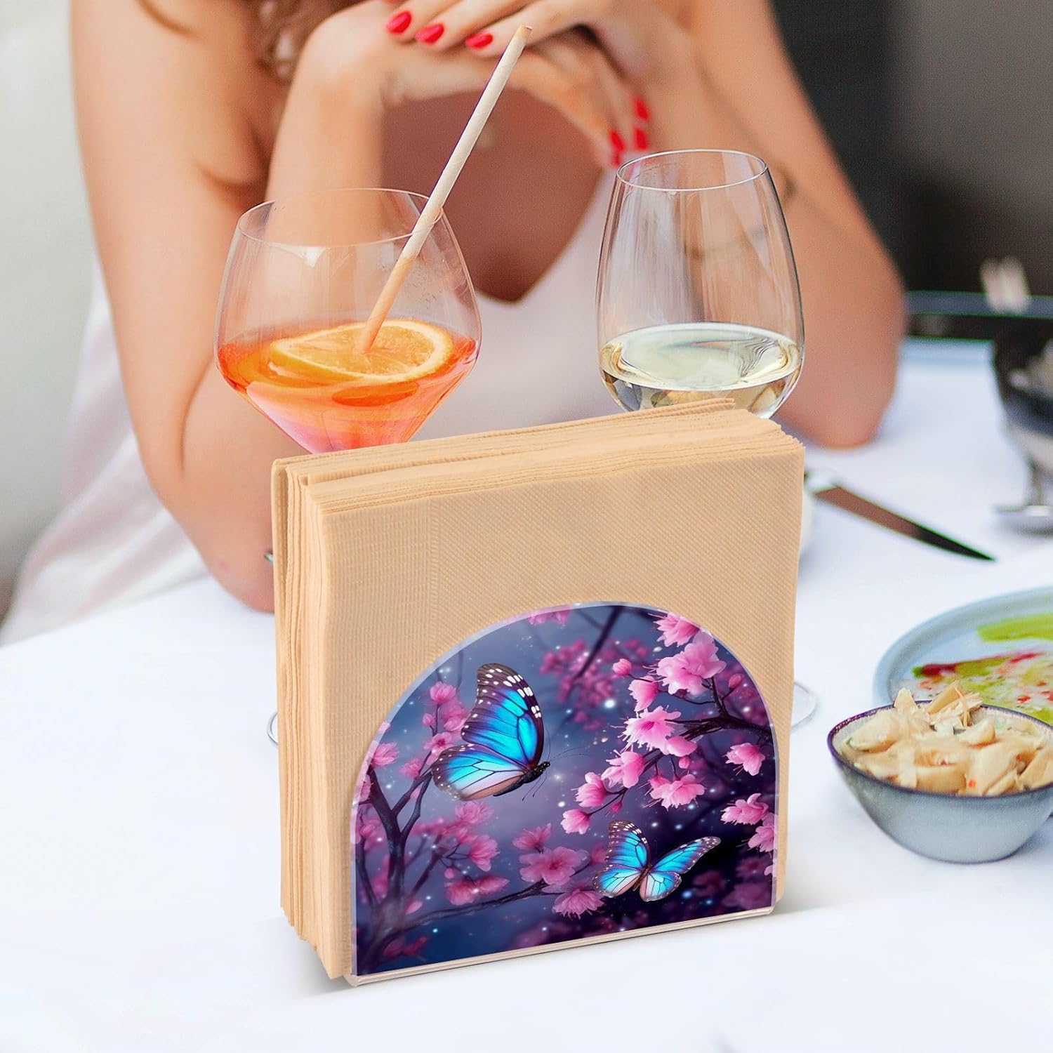Servilletero de flores de mariposa para mesa, acrílico vertical antideslizante, dispensador de papel de seda independiente para cocina, restaurante,