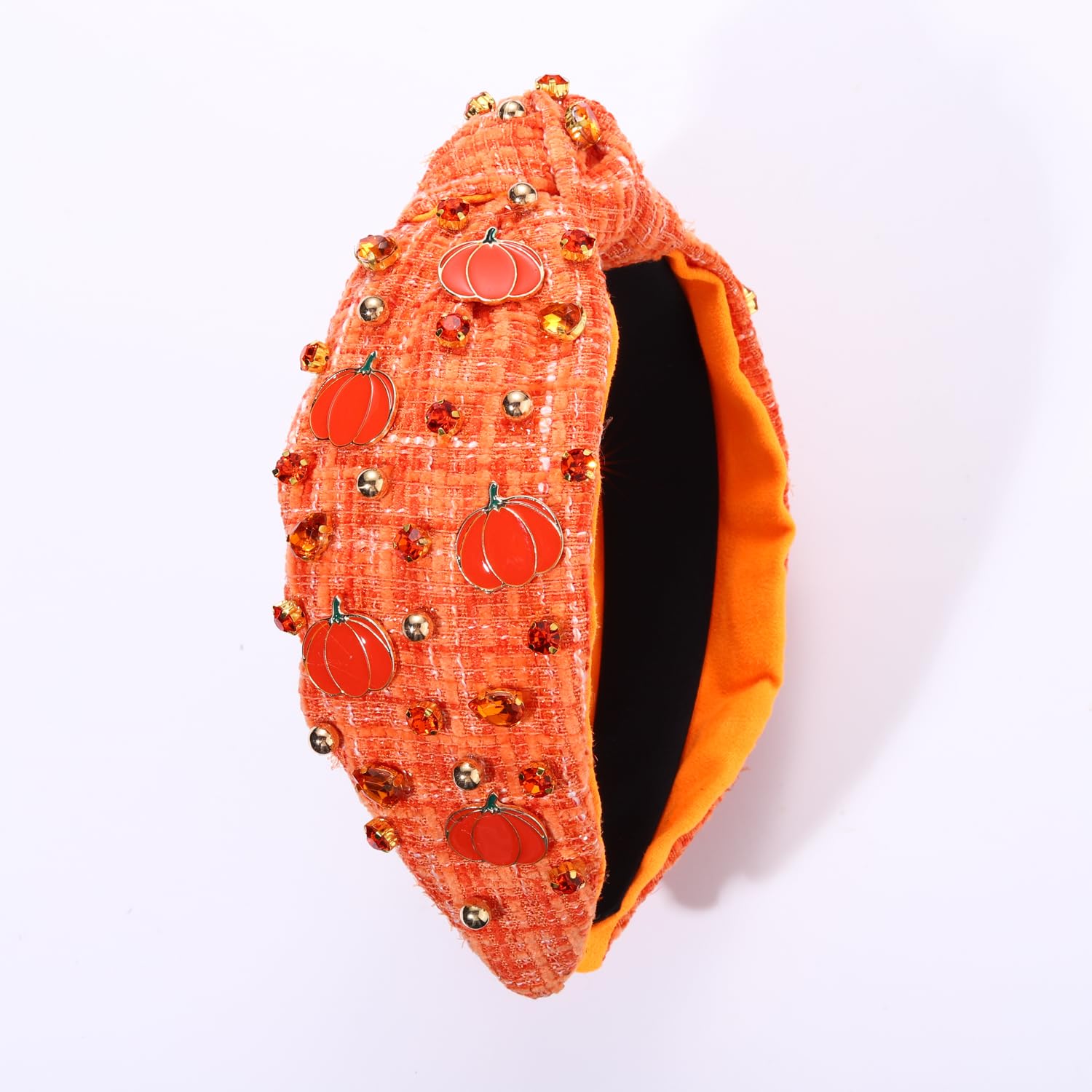 JERTOCLE Diadema de Acción de Gracias, diadema de otoño para mujer, diadema esmaltada de calabaza con cristales anudados, diadema de tweed con nudo