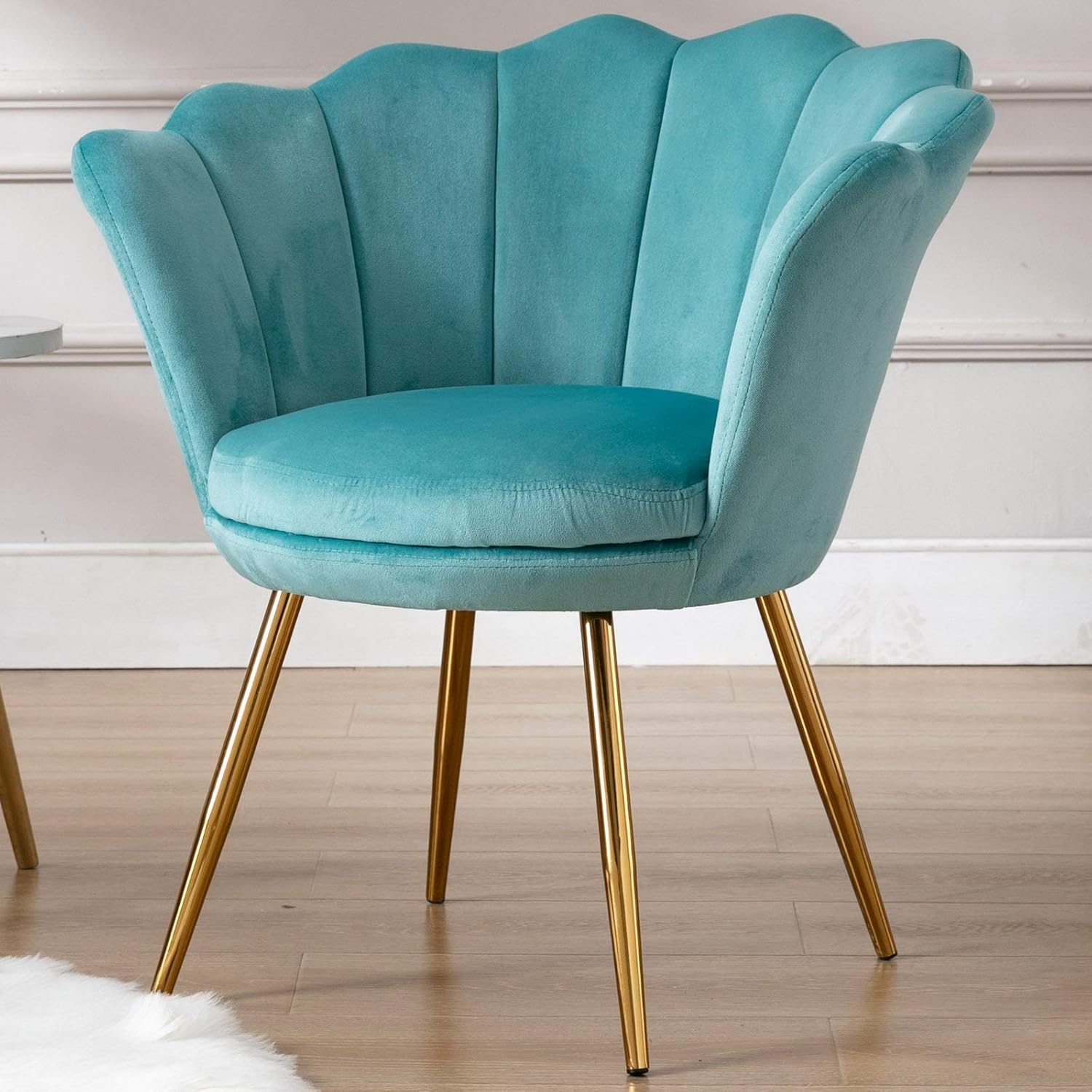 Wahson Silla tapizada de terciopelo para sala de estar, silla de tocador de barril con respaldo de conchas y patas doradas, silla de comedor retro