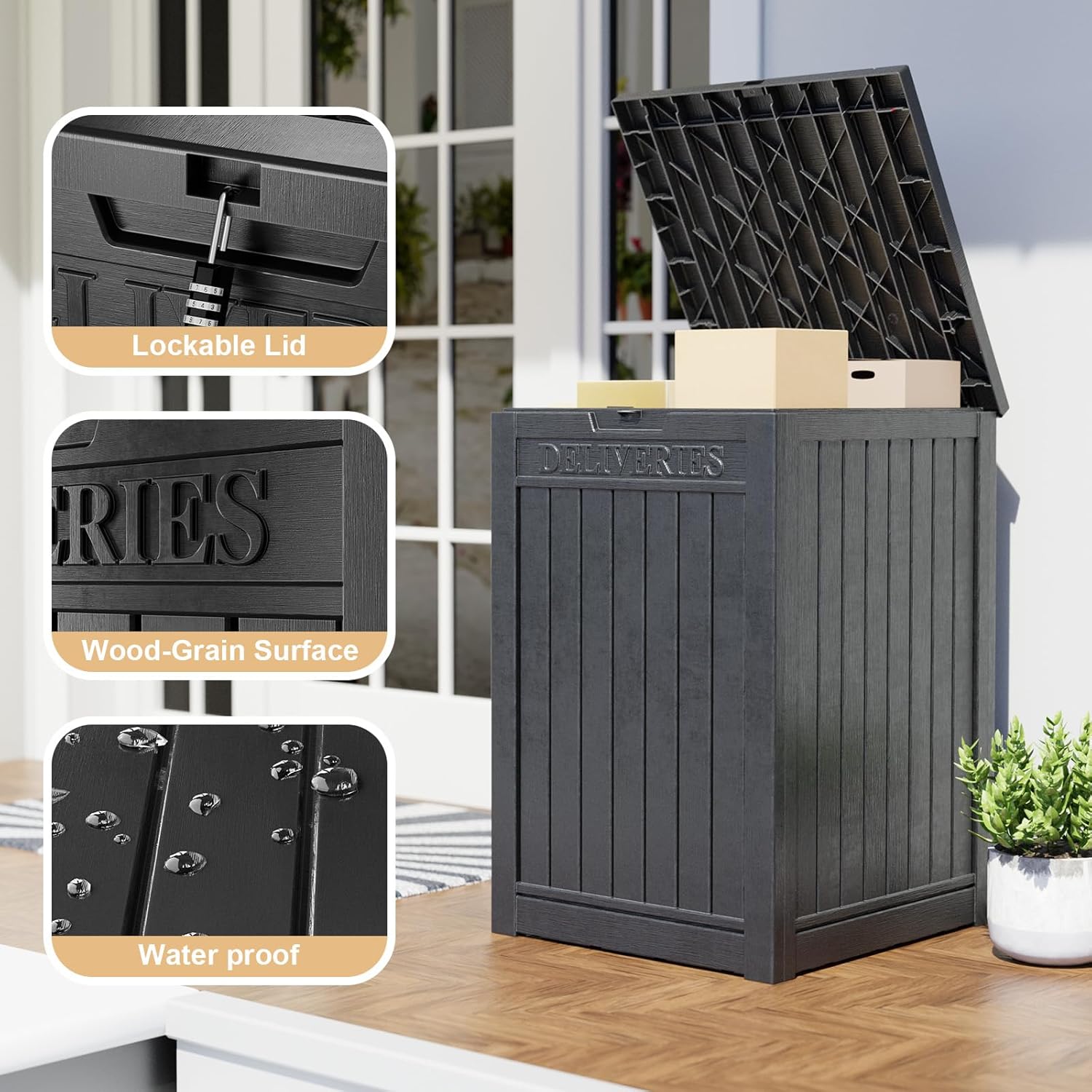 Caja de entrega de resina de 48 galones, resistente al óxido y a la humedad, con cerradura, caja impermeable para porches, patios, uso en interiores