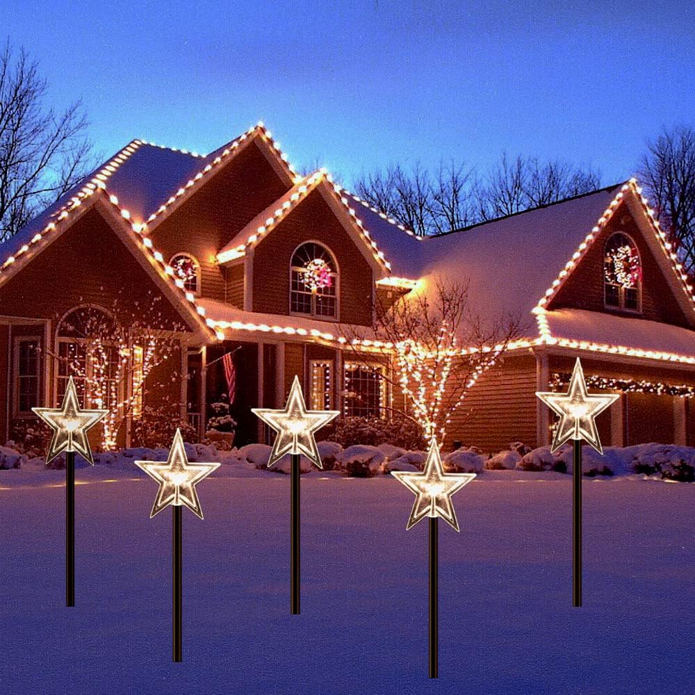 Rehenbsem Luces solares de Navidad para exteriores, 5 luces de estaca impermeables de ahorro de energía, 2 modos de iluminación, decoración de