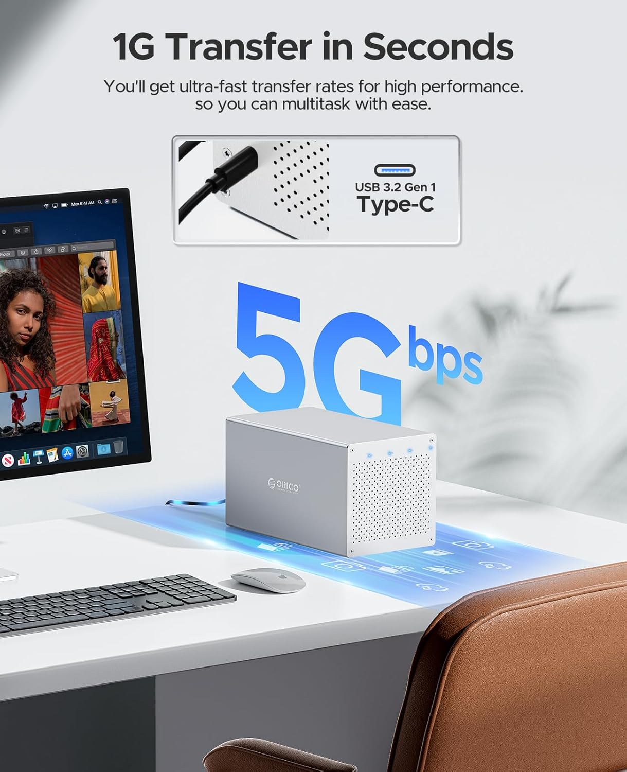 ORICO Caja de disco duro RAID de 4 bahías USB C Soporte independiente de aluminio 3.5 pulgadas Bahía de disco duro externo para 2.5”3.5”HDDSSD