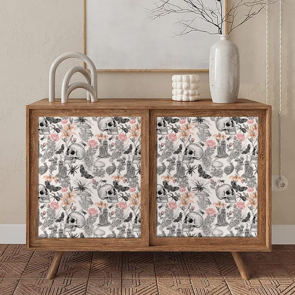 BEETAL Papel tapiz autoadhesivo con diseño de hongos y calavera en blanco y negro, papel de contacto moderno para despegar y despegar, autoadhesivo,