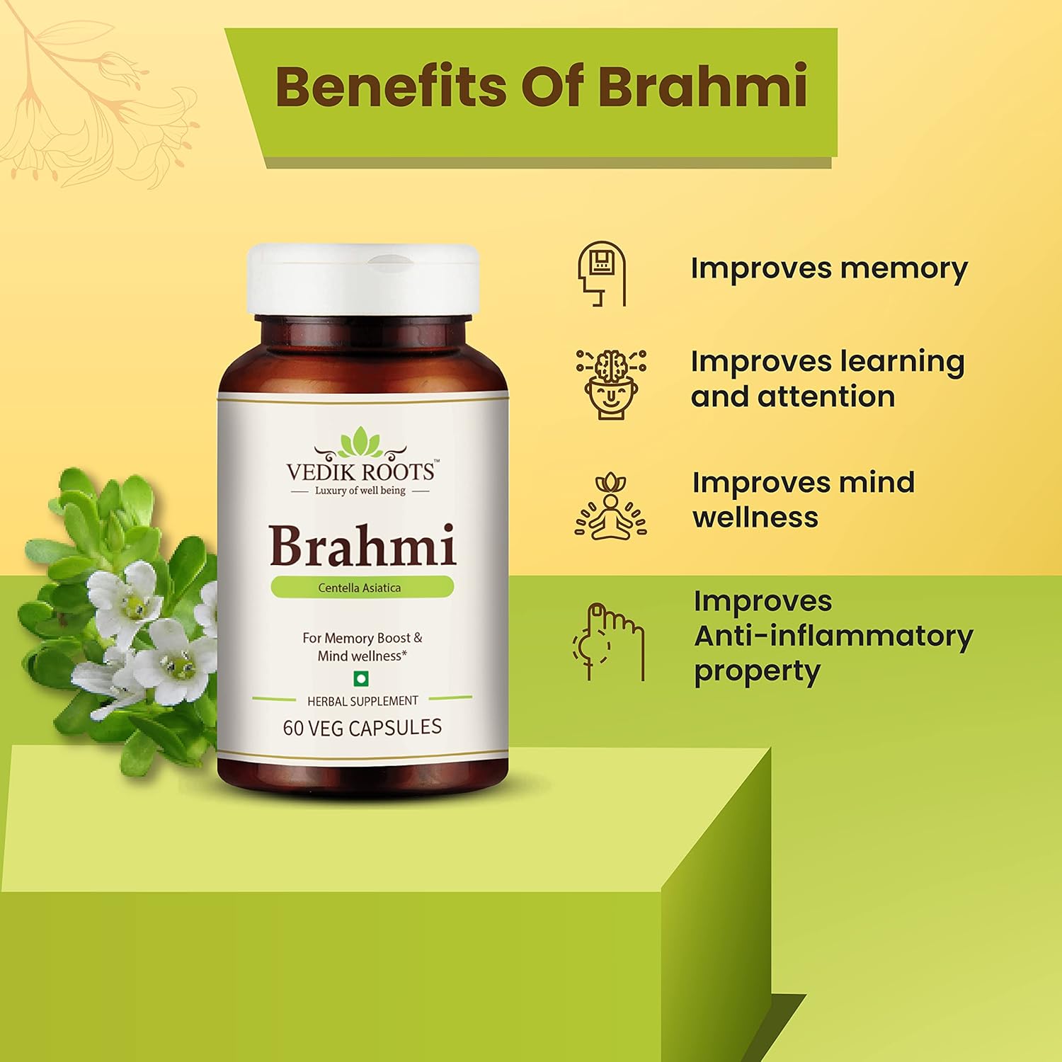 Brahmi (Bacopa Monnieri) Extracto puro 450 mg cápsulas vegetales (60 cápsulas) (paquete de 1)