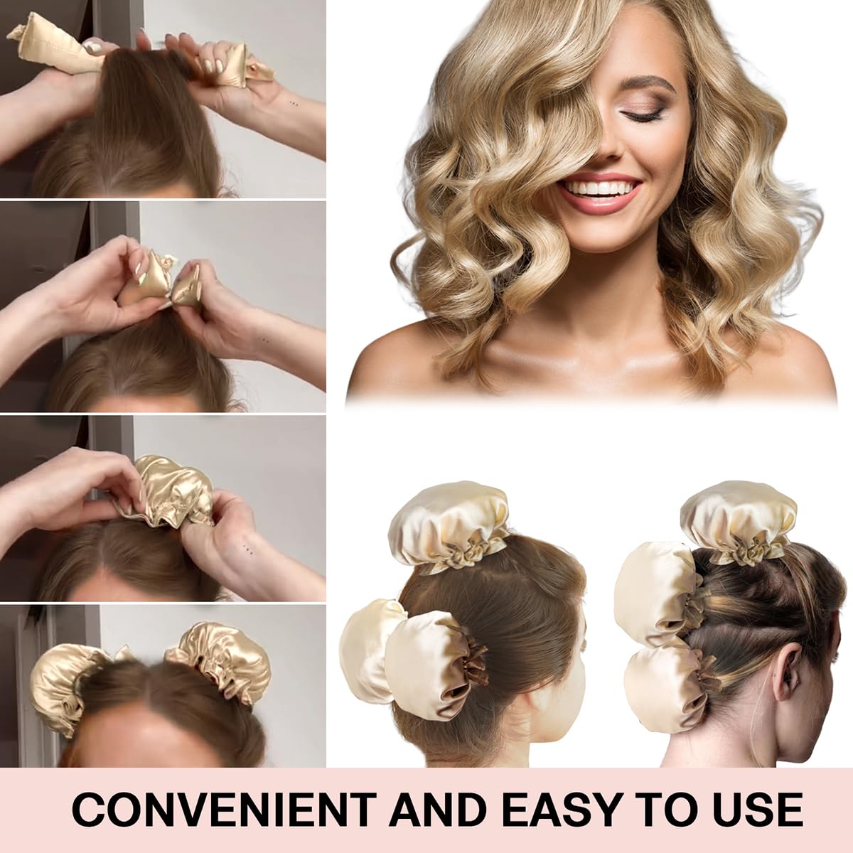 3 juegos6 rodillos de cabello sin calor de satén Ariuvor para rizos nocturnos, varillas suaves para diadema con gorras para todo tipo de cabello (3