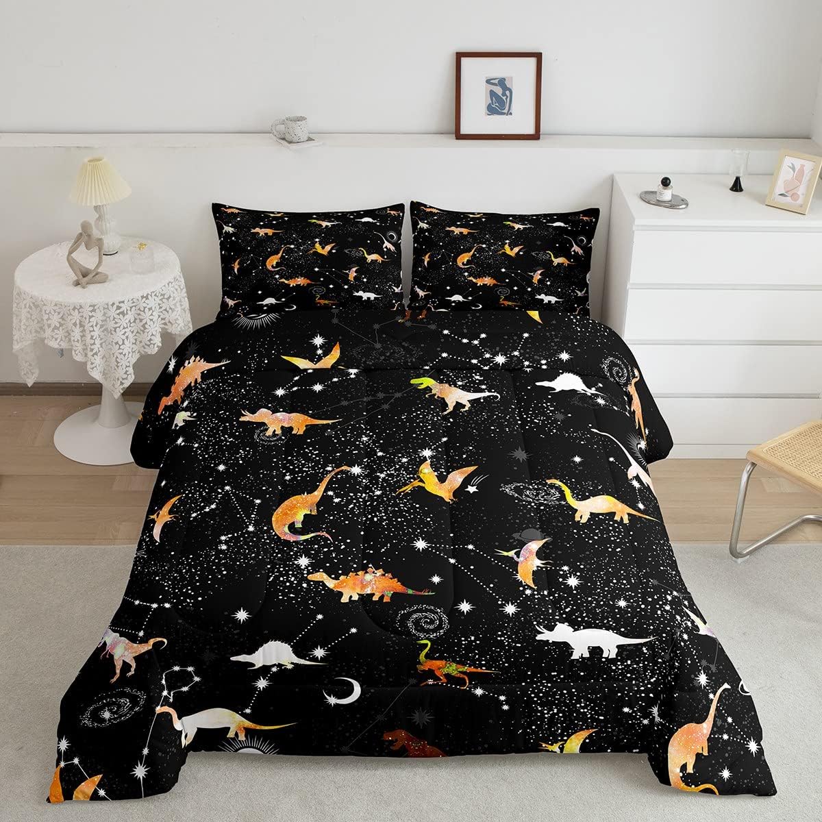 Erosebridal Juego de edredón de dinosaurio teñido anudado, tamaño individual, para niños y niñas, juego de ropa de cama de dinosaurio amarillo para