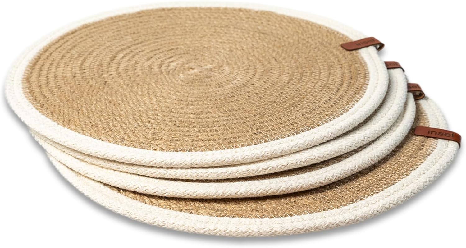 Juego de 4 manteles individuales redondos, hechos a mano con yute natural trenzado con cordón de algodón blanco, diámetro de 12.6 pulgadas,