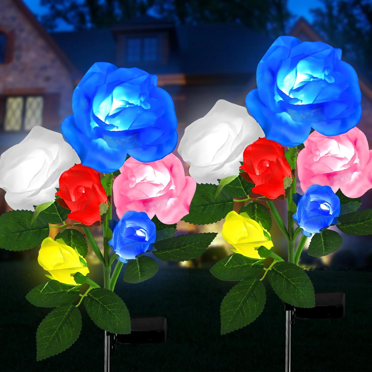 Luces solares de jardín decorativas para exteriores, paquete de 2 luces solares de jardín con 12 rosas, LED multicolor, impermeable, funciona con