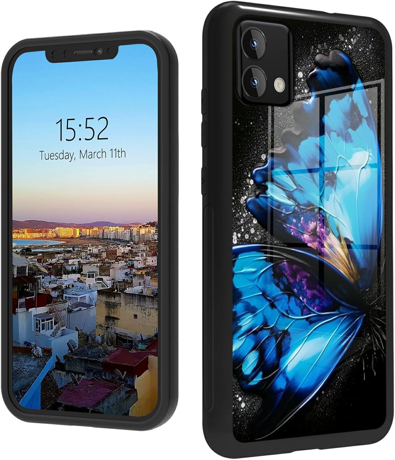 Funda para Moto G Stylus 5G 2023 de vidrio templado, funda negra con diseño de mariposa azul para mujeres y hombres, antiarañazos, a prueba de