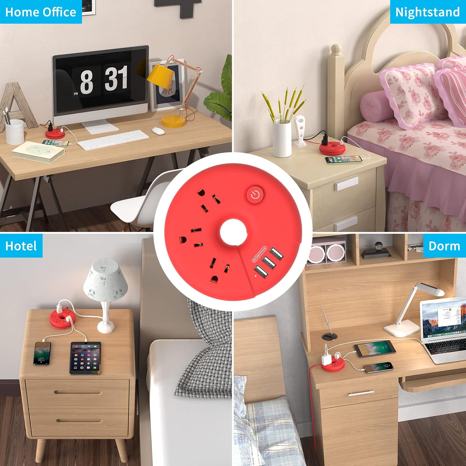 NTONPOWER – Regleta de alimentación de viaje con puertos USB, cable de extensión de viaje de 5 pies con 3 tomacorrientes, 3 USB, estación de carga