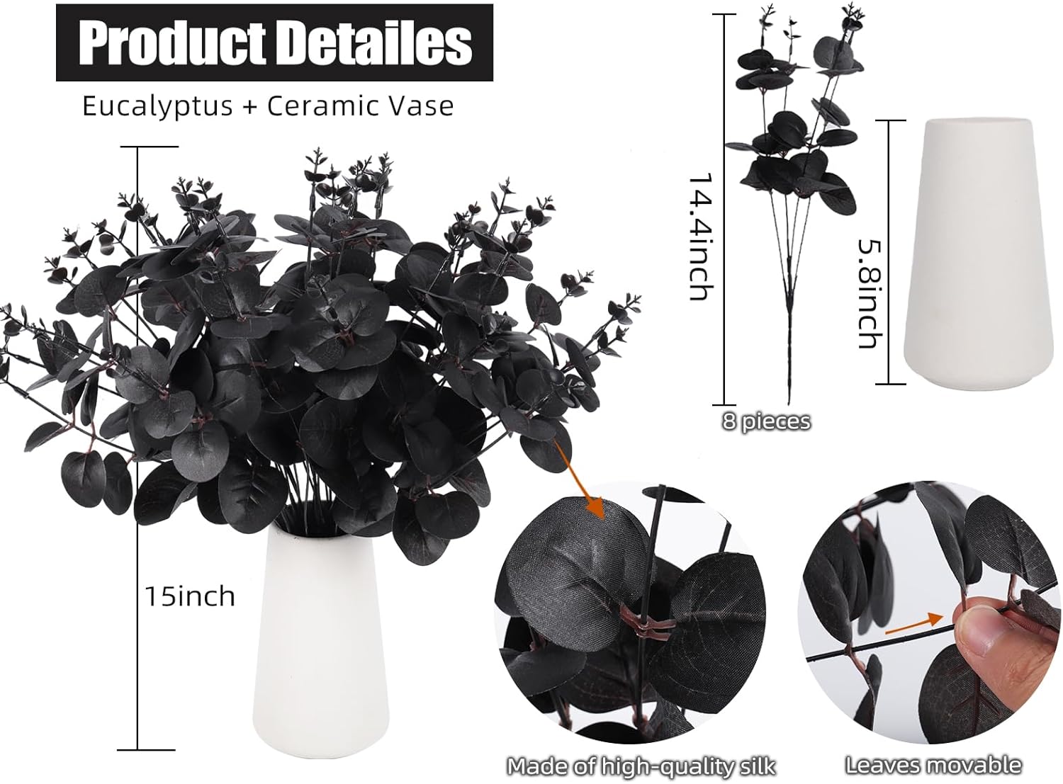 RECUTMS 8 tallos de eucalipto negro de 14 pulgadas con jarrón de cerámica para Halloween, hojas de eucalipto negras, ramo de ramas para mesa de