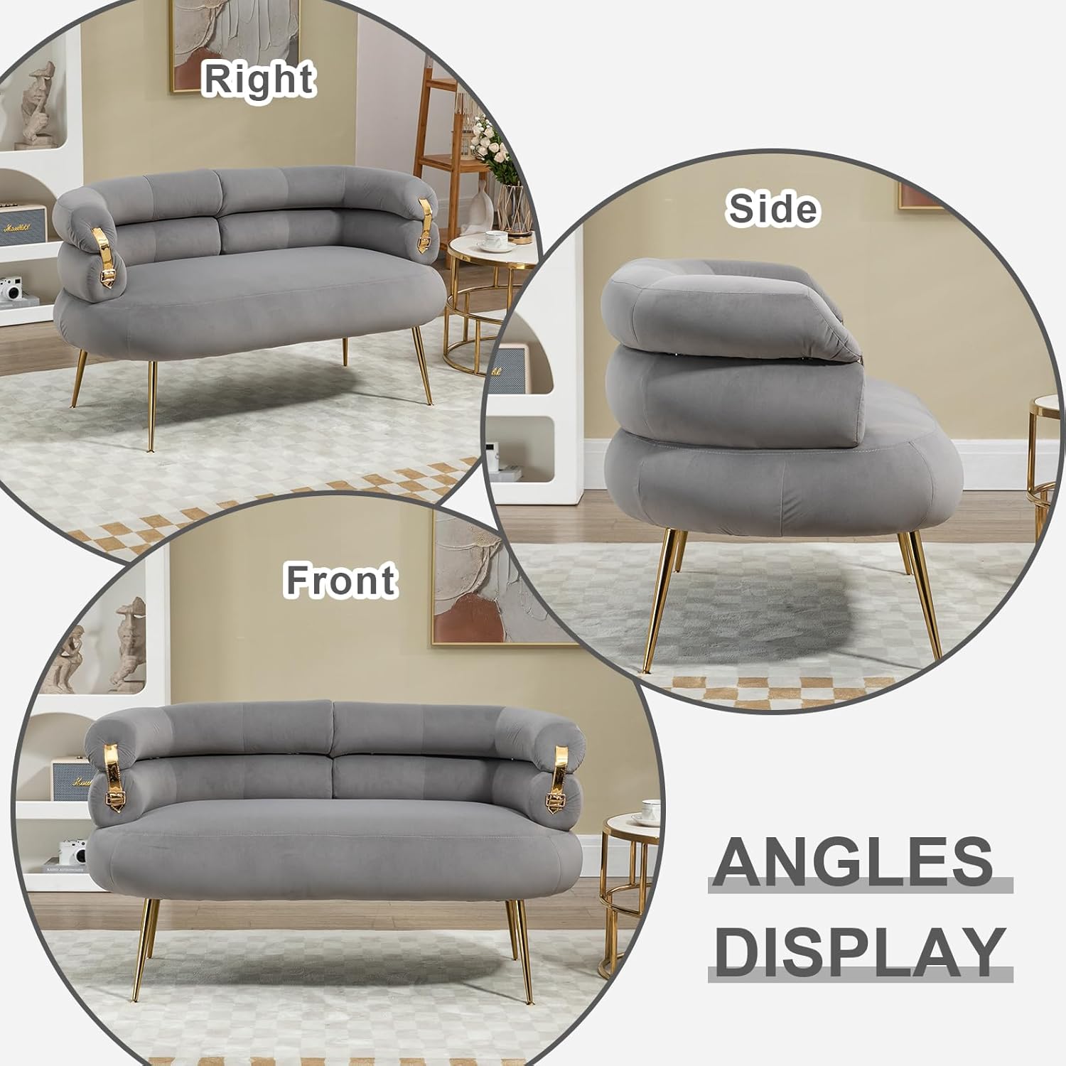 Mini sofá moderno, sofá biplaza tapizado de terciopelo con diseño de respaldo curvo, sofá pequeño con patas de metal dorado para sala de estar,
