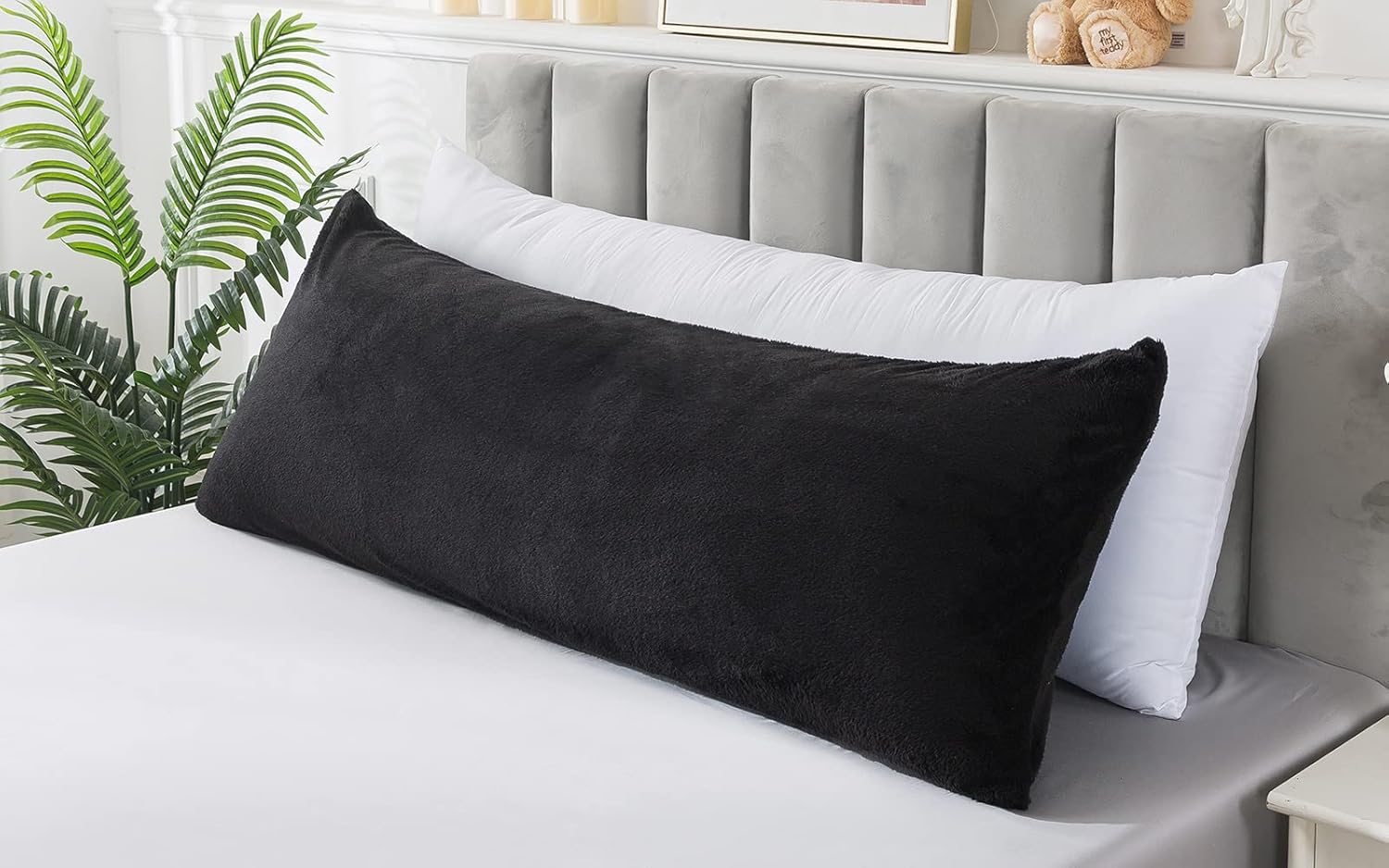 Almohadas de cuerpo negro Sherpa para adultos, funda de almohada corporal ultra suave con cierre de sobre, funda de almohada corporal mullida de 21