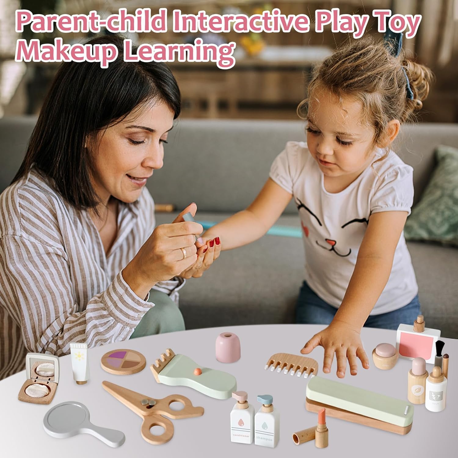 Juego de 22 juguetes de maquillaje de madera para niños pequeños, juguetes de salón de belleza de madera, kit de maquillaje de madera con accesorios