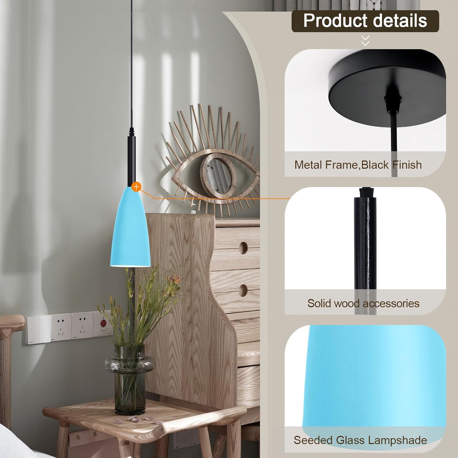 Lámpara colgante para isla de cocina, 1 luz colgante de cristal colorido azul nórdico ajustable, luz de techo colgante para mesa de comedor,