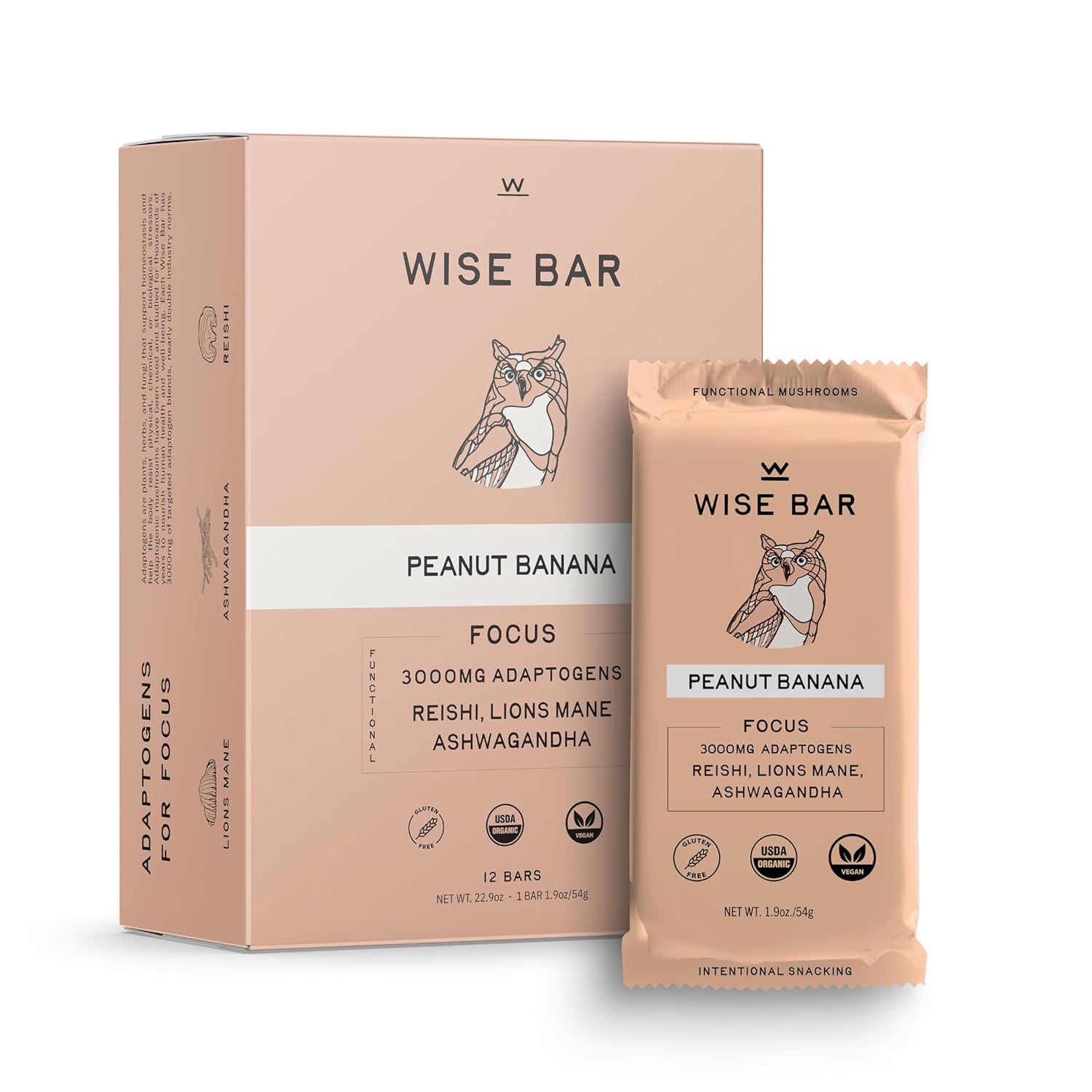 Wise Bar Adaptogen – Barras nutricionales de hongos  Sabor a plátano y mantequilla de maní  12 unidades  Dosis diaria completa de 3,000 mg de hongos